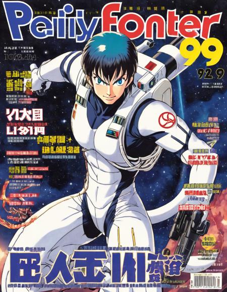 Craft an eye-catching cover for the 'FancyFrontier' magazine, issue number 99, with the legendary anime character Cobra from 'Space Adventure Cobra' as the central figure. The cover features Cobra in a heroic pose, his iconic Psychogun prominently displayed where his left arm should be, ready for action. His suave and confident smile captures his fearless personality. He is wearing his classic outfit: a tight, adventurous space suit with details reflecting light, adding a sense of depth and texture. The title 'FancyFrontier' is boldly printed at the top of the cover in a vibrant, retro font that resonates with the early days of anime. The number '99' is placed next to the title in a stylized font, making it stand out. The entire background is a stark white, bringing Cobra to the forefront and giving the magazine a clean, focused look. Emphasize the vintage aesthetic of the early anime era to capture the nostalgia and charm of Cobra, <lora:twanimax:0.7>