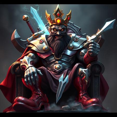 Metallic Evil King, Worried, Big_Red_Shoes, Sword of God on his Back, Smiling_At_Viewer, (Crystal Knows Power 2), Sitting on his Thrown, Smiling, Golden Teeth, Glowing Red Cape, Gearhead Ultramix