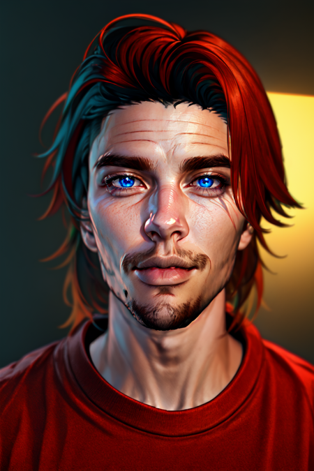 <lora:SecondLife:.6> Second Life, masterpiece, 1boy, male_focus, solo , red hair, blue eyes, facial hair, looking at viewer, stubble, simple background, sweater, Kodak colors, rim lighting,