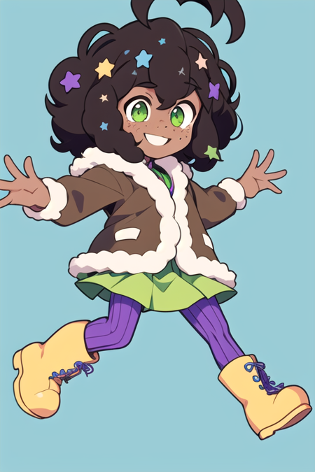 Molly Blyndeff 1girl, dark skin, green eyes, freckles, multicolored star hair ornaments, brown hair, brown jacket, fur trim, purple pants, green skirt, yellow rainboots, full body, smile, button nose
