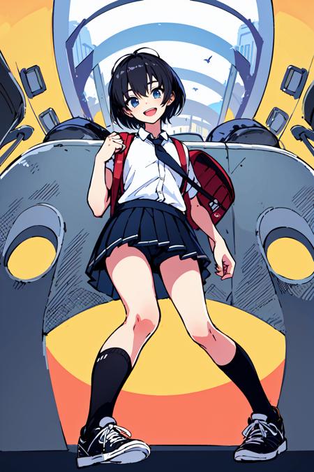 <lora:Kaneni:0.8>1girl, animification, black hair, shorts, short hair, skirt, school uniform, smile, solo, shorts under skirt, black footwear, socks, backpack, looking at viewer, open mouth, necktie, from below