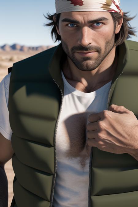 RalfKOF,  1guy, detailed eyes, open eyes, cute face, sweaty, (brown eyes:1.2), head bandana, ((green vest:1.2)), ((white t-shirt:1.2)), necklace,, handsome man,bulge, masterpiece, best quality, highres,closeup, portrait, in a desert, big pectorals,  solo, handsome, sexually suggestive, naughty face, detailed eyes,,  (hidden hands) <lora:RalfKOF2:1>