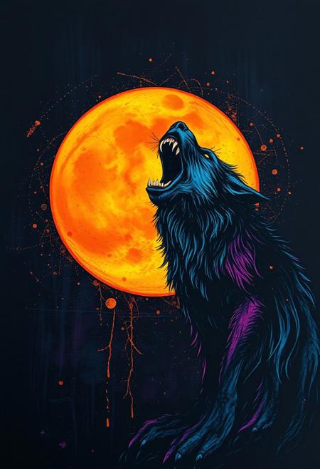 A hauntingly beautiful image of a dark, scratch art background, with a monster werewolf howling at the moon, like a creature possessed by a supernatural force. The werewolf, a vibrant, multicolored creature, seems to glow with an otherworldly light, its eyes gleaming with a malevolent intensity. The moon, a glowing, orange orb, seems to pulse with a creepy, lunar energy, as if it's summoning the werewolf's transformation. The scratch art, a textured, layered effect, creates a sense of depth and dimensionality, as if the viewer is gazing into a dark, mystical realm. The dark, ink background provides a striking contrast to the vibrant, multicolored werewolf and moon, creating a sense of drama and tension. The overall effect is one of eerie, Halloween magic, as if the viewer is witnessing a supernatural, lycanthropic spectacle. highest-Quality, intricate details, visually stunning, Masterpiece