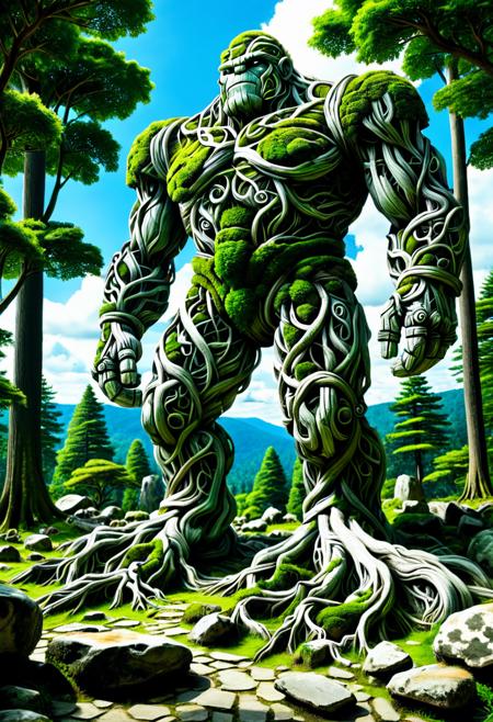 score_9,score_8_up,score_7_up, PG-TR, This is a vibrant, fantasy illustration of a large, golem-like figure that appears to be made of stones and rocks, partly overgrown with lush green foliage. The figure stands in a forested environment, with trees and plants surrounding it, and in the background, ruins or other stone structures are visible. The sky above is clear blue with some white clouds, indicating a sunny day.
The colossus itself is impressively large, with a broad posture and thick, robust limbs. Its body is a mix of gray and brown stones, some smoother than others, with cracks and moss growth emphasizing its age and natural integration. The most striking feature is the dense layer of bright green leaves covering large parts of its torso, shoulders, and upper legs, as if it has become part of the forest itself.
The colossus's face is somewhat human-like, with a stylized, flat nose and indentations suggesting eyes, all formed from stone. The overall atmosphere of the image is one of wonder and mystery, fitting for a fantasy world. <lora:Treeroots_0_90_multi2_Handprocessed_V2:1>