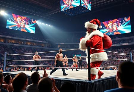 score_9, score_8_up, wrestling stadium, lights, giant screens, the stands full of people cheering, wrestling ring, SANTA CLAUS using a lucha libre mask  WITH A BAG WITH GIFTS beating a group of  wrestling fighters and defeating them