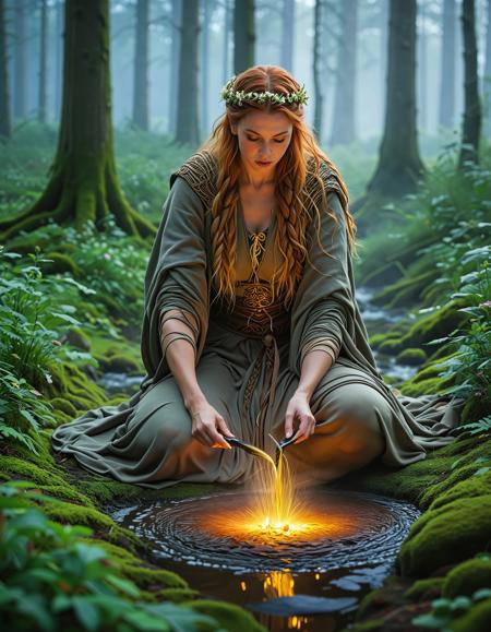 freyja, auburn hair, braided hair, magic, forest, viking queen, mythic beauty, <lora:NBN-Freyja_NordicByNature:0.8>, <lora:NordicByNature:0.8>,Runestone Carver, A nbn-freyja chiseling sacred runes into a towering stone, her weathered hands covered in dust as she works in the misty Nordic wilderness.,low light, soft natural light, Rembrandt style light, Hasselblad DLSR camera, 200mm Zeiss lens, f/2.8, clear focus, high resolution image, ,Sexy pose, erotic pose, exhibitionism, ,A tranquil garden with a pond and blooming flowers
