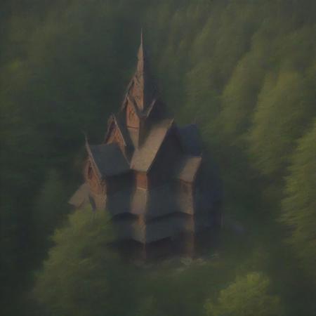 Abandoned stave church, deep in the forest, deep in the woods, dark woods, dark forest, forgotten stave church deep in the forest, tall trees, shadow, sunrise, morning, color, color, green trees,