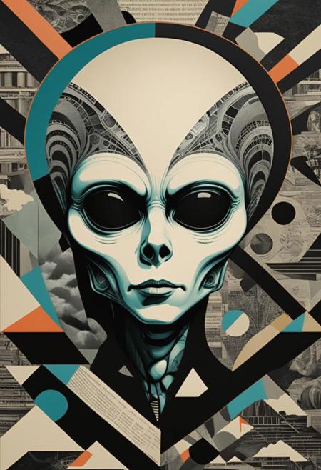 Alien head, detailed library background, mixed media collage, abstract,geometric,fine lines,duotone,expressive,patchwork