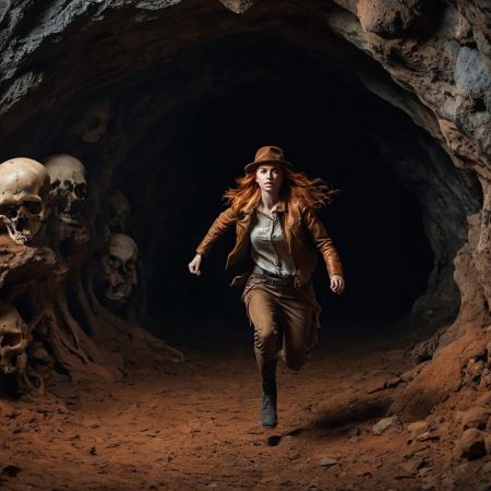 Woman running towards the camera, inside a dark cave. A giant rocky sphere is behind her.
She's wearing a brown fedora, brown leather jacket, baggy pants.  There are lots of skulls and bones on the ground.
She has a worried look on her face.  She has long flowing orange hair.
A leather whip is coiled up on her hip.