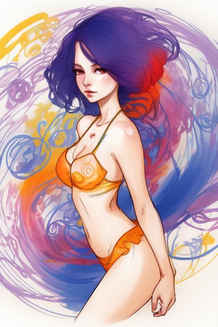 <lora:DanniLuo:1>, DanniShinayaLuo, sketch of a woman symbolizing summer, color, mysterious swirling shapes, art