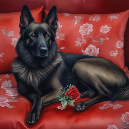 A Belgian Shepherd dog is resting on a red pillow, 
with flowers around, 
Watercolor, 
trending on artstation, 
sharp focus, 
studio photo, 
intricate details, 
highly detailed, 
by greg rutkowski
