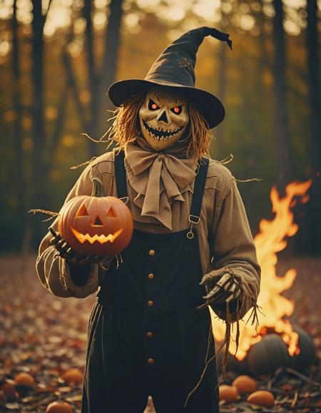 portrait shot, A scarecrow with a pumpkin head spewing fire at trespassers., (Ektachrome, Romantic, Realism, flat lighting, gilded technique, DOF, bokeh :1.3)