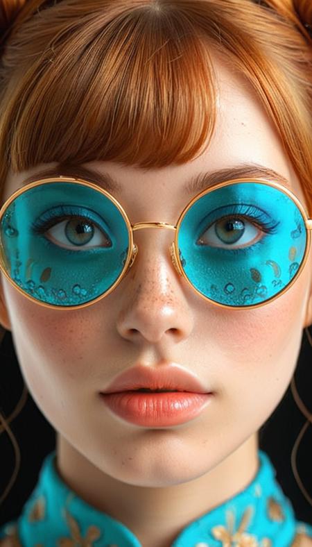 Close-up gorgeous girl face , cute, (bangs:1.1), freckles, light tan, striking Turquoise large eyes, aligned eyes, mirror eyes, (half smile),
(wearing very detailed Venetian Mask:1.1), small tender chin, ginger hair,(double bun hair), round black glasses,
BREAK,
very long lashes, trendy portrait,
tender Aesthetic nose, ears, puffy lips, sensual lips, detailed texture, detailed eyes, detailed skin, clean skin,
<lora:Someplastic:1>, (ultra sharp focus:1.8), (detailed skin:1.8), (thin lines:1.8), (best quality:1.8),
<lora:Apparatus_-_Traction_City_Walkers_Vehicles:0.7>,
<lora:add-detail-xl:2> (ultra sharp focus:1.8), (detailed skin:1.8), (thin lines:1.8), (best quality:1.8),
<lora:glowneon_xl_v1:0.8>