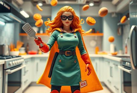 "Super Kitchen Mom" â A culinary superhero armed with a high-tech apron that stores gadgets for any kitchen emergency. She wields a super-powered spatula that can flip anything, from pancakes to villains, and her oven mitts can withstand any heat. The action figure comes packaged with a ral-afpacking label at the bottom-right corner. The background shows a fully equipped futuristic kitchen, with food flying through the air in a perfect whirlwind of multitasking.