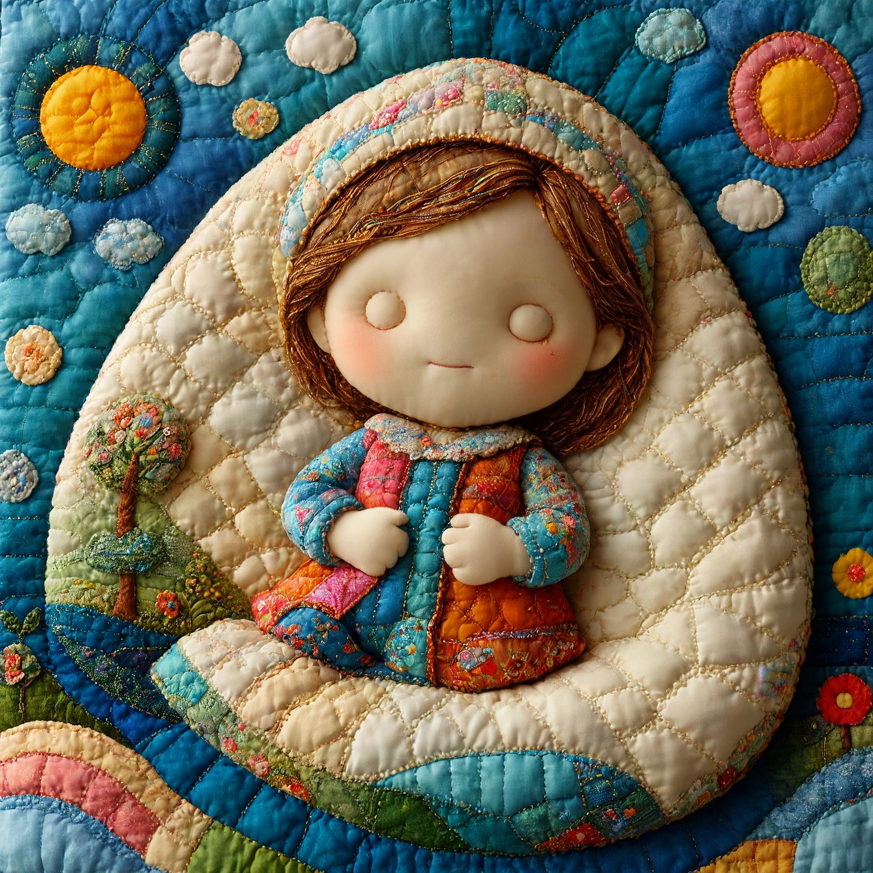 A quilted child asleep in a quilted bead.

<lora:SoftWorld01a_CE_SDXL_64x32x180x2bOT:0.8> sftwrldCE style