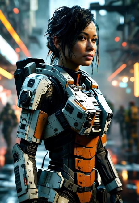 Style: "TitanFall 2" (the video-game).  
Type of shot: "entire figure - full body" portrait.
Subject: "Levy Tran".
Action: "staring at the viewer".
Aesthetic: "Dystopian Sci-Fi Island".
Light: "Dark. Night. Nightly. Moon".
Outfit: "Transparent suit made of rubber".
Weather: "Heavy rain".
Stares the viewer.
Subtle smile.
Strong expression.
Confident.
Life-like details.
Cinematic. 
Dramatic. 
Dynamic. 
Extremely refined lines and and shapes.
Extremely refined details on objects.
Sharp details.
Wide range of colors.
Many details everywhere. Ray-Tracing. Anti-Aliasing. Realistic soft shadows. Low saturation colors. Insane quality. Insane resolution. Insane details. Masterpiece. 32k resolution.