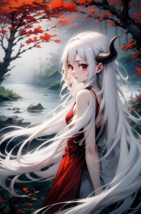 1girl, long hair, white hair, red eyes, horns, long hair, dress, nature