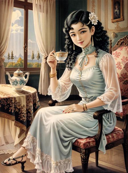 (masterpiece,best quality),vintage poster,
1girl,holding cup,hair ornament, jewelry, teacup, sitting, earrings, hairclip, solo, black hair, curtains, chair,indoors, teapot, bracelet, table, window, smile, sandals, nail polish,(beautiful detailed face), (beautiful detailed eyes), <lora:rugu_v3:0.88>