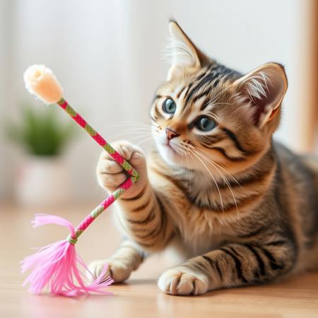high quality, a cat playing with wand toy