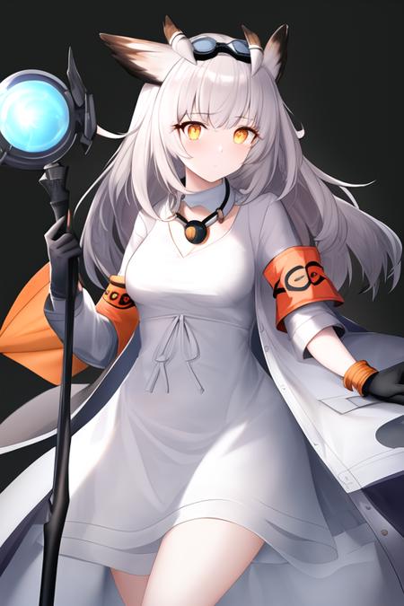 masterpiece, best quality, highres, solo, {ptilopsis_arknights:1.10}, bangs, owl_ears, white_hair, long_hair, yellow_eyes, orange_eyes, armband, holding, closed_mouth, grey_hair, breasts, feather_hair, medium_hair, 1girl, dress, gloves, open_clothes, staff, white_dress, goggles, goggles_around_neck, holding_staff, jacket, black_gloves, long_sleeves, looking_at_viewer, simple_background, white_background, open_jacket