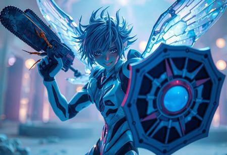 The image showcases a dynamic scene of Doma The Raypunk Angel of Silence, a character from Neon Genesis Evangelion anime series, in a light blue hue. Wielding a Chainsaw Insect in one hand and a Nightmare shield Mirror in the other, Doma The Raypunk Angel of Silence is ready for action. The Ally of Justice Cosmic Gateway is blurred in the background, drawing focus  in 4K, exceptional quality, with detailed facial features, clothes, and vivid emotions. The dynamic pose, captivating lighting, and harmonious colors create a powerful message and joyful impact. Rendered in Octane and trending on ArtstationHQ.