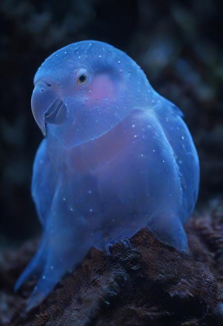 Ultrarealistic. parrot made of bioluminescent organisms