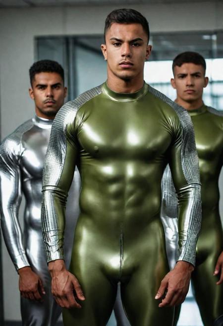 a strong 24-year-old brazillian bodybuilder male with short military haircut with his brother, man, glazed face, confused expression,  wearing skin tight metallic olive-green and silver rubber suits, standing at attention posture, inside a office, professional photography, shot on sony a 7RIII , looking to the camera,  detailed skin face and eyes, natural lighting ,  film grain, low contrast, natural face,  dark circles under eyes