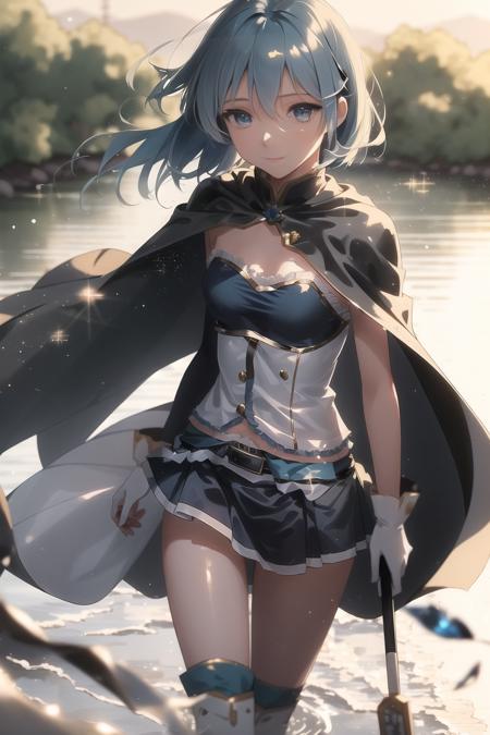 Sayaka Miki, 1girl, solo, (detailed reflective anime style eyes), cape, golden hour, detailed textures, walking by a river,  posing, casual pose, aesthetic, intricate, light rays, sunlight, sparkle, shimmer, sharp focus,  <lora:SayakaMiki:1>