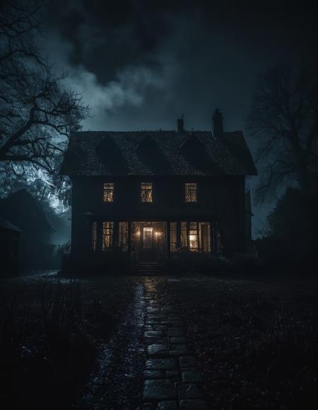stunning awards winning photo of an old house at night,inspired by resindet evil,eerie atmosphere,horror,(film grain:1.2),volumetric fog,david fincher lightning,anamorphic,distorted lens,chromatic aberration,extreme bokeh,volumetric lighting,cinematic,epic composition, moon in background