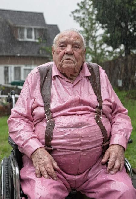 an extremely ((obese 90 year old man with a round belly and sagging chest)) is in a ((wheelchair with brown leather straps wrapped around his chest)) he sits outdoors in the rain with water droplets on his (((pink rubber overalls))) and the straps that he is restrained tightly with