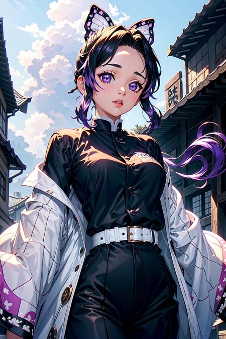 shinobu, 1girl, solo, short hair, black hair, hair ornament, long sleeves, purple eyes, jacket, purple hair, flower, sidelocks, cowboy shot, outdoors, parted lips, japanese clothes, sky, belt, pants, cloud, uniform, lips, black jacket, parted bangs, night, buttons, black pants, night sky, buckle, belt buckle, butterfly hair ornament, haori, white belt, demon slayer uniform, mature woman, age 40, masterpiece, <lora:shinobu:1>