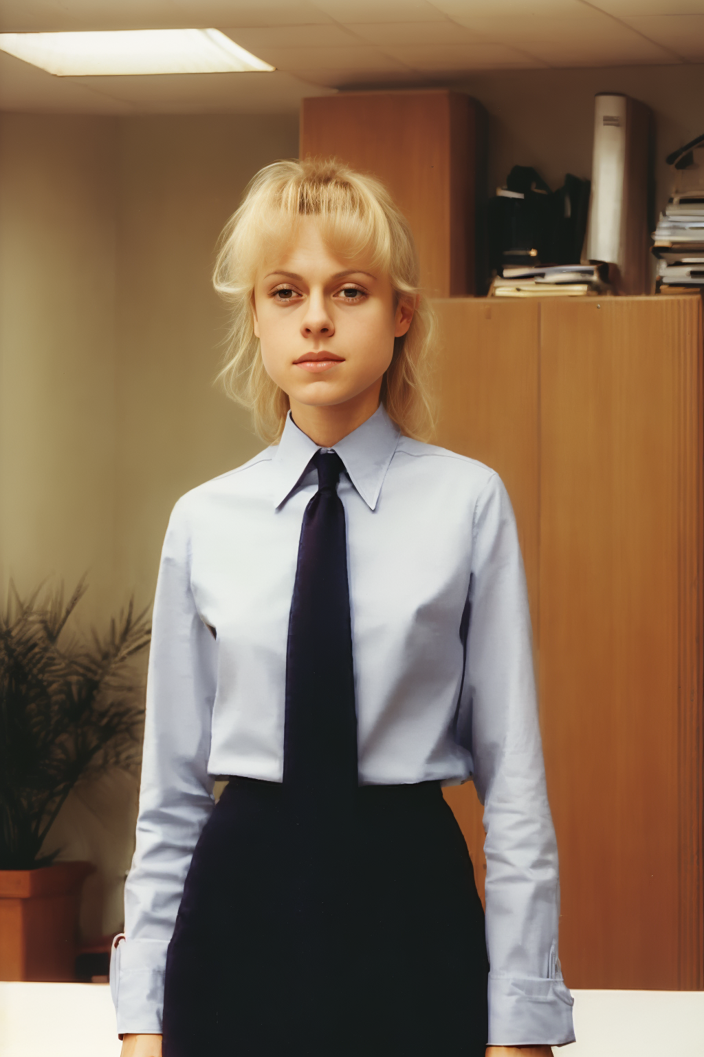 photo realistic photorealistic shot, woman girl 1girl, young slim slender blonde, shirt necktie skirt, kasia 13 posterunek...