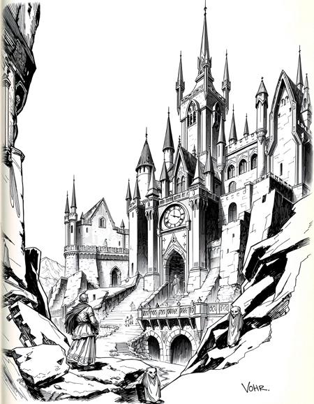 Drawing for a Dungeon and Dragons book. The style is black ink on white paper, with heavy use of dark areas. Expertly drawn.
The drawing depicts a legendary city in all of it's splendor, as seen from a weary traveler arriving at this place.
The drawing is signed by "Vohr" on the bottom right of the paper.
