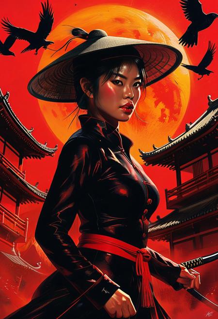 Highly detailed 3D digital art, vertical medium shot, Hitomi, Tanaka, a female samurai warrior in a traditional black conical straw hat stands in a dynamic pose, accompanied by black crows flying around, against a vibrant red sun in a dark, textured atmosphere, dramatic highly detailed shading. Glowing red sunlight casting long shadows, warm red golden hour lighting. Breathtaking, 32k resolution, vray tracing, ultrafine detail, extremely detailed, concept art, commentary by DeviantArt, Aesthetically charged atmosphere, red and black dramatic color palette contrast, layers of texture overlaying detailed patterns, very dynamic movement, intricately detailed, refined, defined, highly detailed, follow negative prompts,