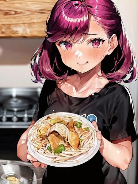 (((((1girl))))), red hair,small breasts, pink eyes, blue apron,black shirt, holding plate, plate, wuxiangmian, female focus, upper body,kitchen, 2d, <lora:wuxiangmian:1>, masterpiece, best quality,