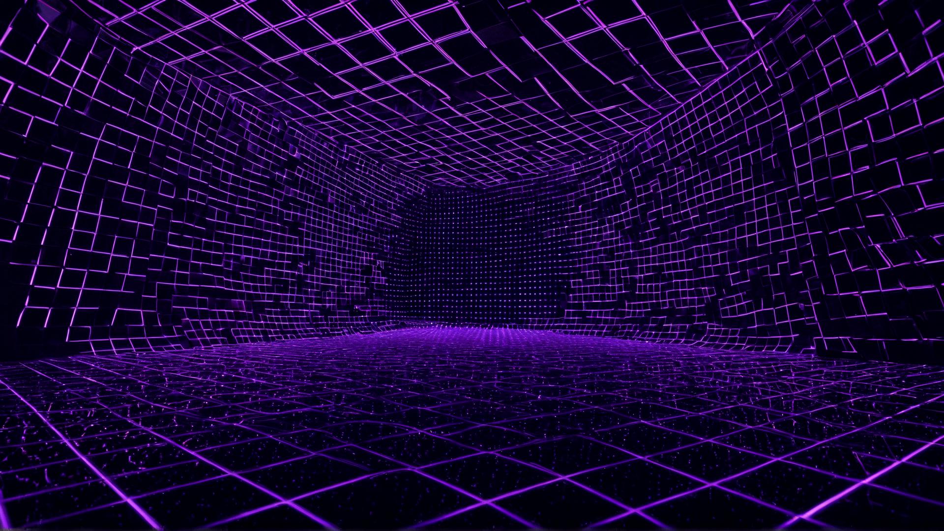 A floating grid of glowing squares, arranged symmetrically across the scene. Each square glows with soft pink and blue light, casting reflections onto a glossy surface below. The background is a gradient from dark purple to black., Photorealistic, Hyperrealistic, Hyperdetailed, analog style, soft lighting, subsurface scattering, realistic, heavy shadow, masterpiece, best quality, ultra realistic, 8k, golden ratio, Intricate, High Detail, film photography, soft focus