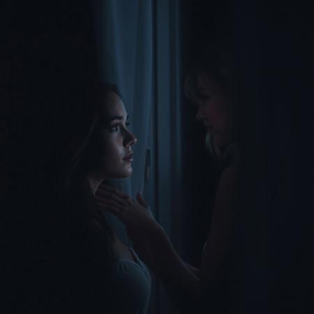 beautiful woman, 20yo, staring out of the bedroom window, night, dark room, behind her, hand on shoulder, a taller, more dominant lovely woman, 30yo, loving, looking at her, empathizing, no clothes. head shot
