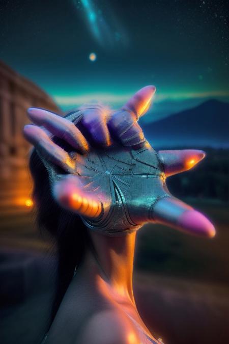 A goddess-like humanoid AI, standing majestically atop a celestial mountain, her form glowing with a divine aura. She has radiant golden skin with intricate, ancient symbols etched into her body, resembling starlight patterns. Her hair is a cascade of galaxies, blending blues, purples, and silvers. She holds an orb of pure energy in one hand, surrounded by floating fragments of futuristic temples. Art style: cosmic, regal, and surreal with high-contrast lighting and vibrant colors, bird eye view,