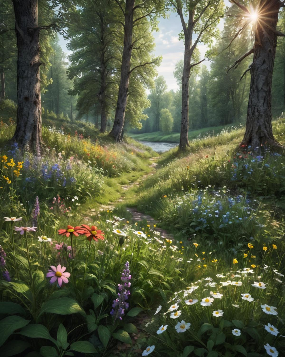 A Path Between Trees Lined With Wildflowers in a Field