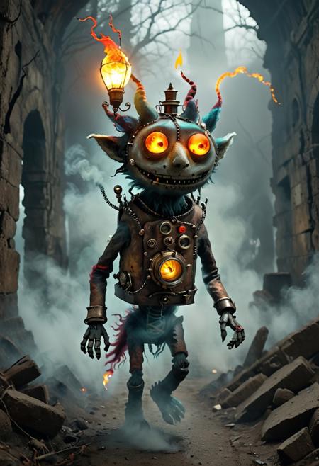 colorful, creepy drawing, simple illustration, childlike illustration. creepy, scary, wonderful creatures, World Morph Felt, 
A steampunk mechanical creature with a flaming lantern for a head walks forward through ancient, foggy ruins. Its joints move with weight and realism, gears turning and pistons flexing naturally. Flames flicker dynamically inside the lantern, casting shifting light on its metallic body. Occasional embers float through the misty air. The creature briefly scans its surroundings with slow, deliberate head motions. Background fog subtly rolls in the wind, while faint cinders drift by, enhancing atmosphere. Ultra-detailed, cinematic lighting, high quality, 4K. the camera follows the subject moving
detailed,masterpiece,high quality, 8K Ultra HD, dark,creepy creature drawing,2d