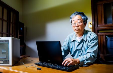 satoshi Realistic photo of  a man named satoshi and an old broken computer in a house in rural China, holding his bitcoin <lora:satoshiv0.2:0.95>