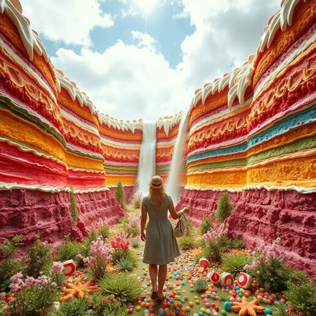 at the bottom of the multi color cake valley. The valley is made from cake and melting cream. between towering, huge cake and huge topping cream. canyon of giant layered cake. plants created from sparkling candies. pebbles of candy spread along the path. Waterfall of wine flowing out of giant bottle. a woman approaching wall of cake and tasting. a woman facing toward viewer.