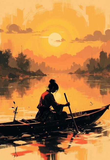 in the style of ck-mgs, nistyle, Special Ink-drawing mode, intricate linework with expressive contrasts, Mh1$AgThS2, Inkplash art on rice paper, sepia, henna , Silhouette Art, magnificent, inksplash closeup portrait of Chinese woman in a rowing boat, sunset, calm lake, redlection