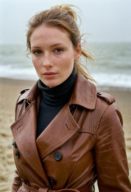KB_Kentmere400, A stunning photo of a 39 year old pretty Dutch woman, ((leather trenchcoat)), ((trousers)), ((turtleneck)), absolute beauty, round face, pale skin, blonde hair, ponytail, brown eyes, beautiful eyes, freckles, freckles and moles all over body, big natural breasts, soft breasts, very large areola's, big nipples, soft natural light, highly realistic skin, highly realistic face, highly realistic eyes, walking the beach at the Dutch coastline, foggy, cloudy, watching the sunset, you can tell from the expression on her face that she is highly sexually aroused, low light, soft natural light, Rembrandt style light, made with a Hasselblad camera, 35mm, film grain, masterpiece, sharp focus, (ultra high resolution: 1.2), (photorealistic: 1.3) (skin pores: 1.1), Kodak Gold 200 analog film stock style