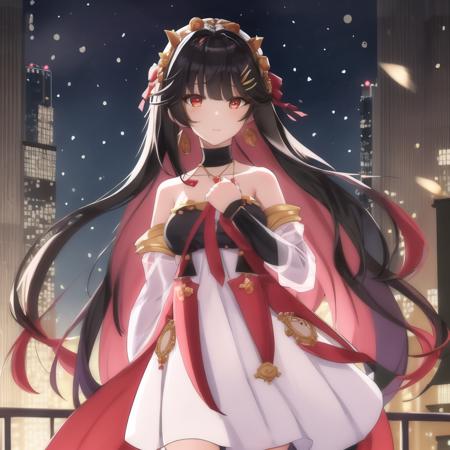 1girl, masterpiece, highest quality, best quality, , highly detailed, best illustration, Luciadress , straight hair, dress, black thighhighs, (see-trough sleeves) ,  <lora:Lucia-08:0.8>, night, jewelry, city, Skyscraper, looking at viewer, solo focused, blurry, , detailed, cowboy shot, very good lighting,see-trough, hair ornament, very good hands,