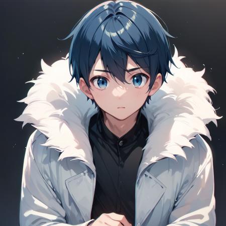 mochizuki_v1  1boy, solo, looking at viewer, black hair, blue hair, black Shirt, ,white jacket,fur coat, black Shirt,  fur coat,