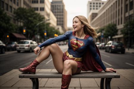 DC movie,supergirl,from below,photo of a 18 year old girl,sitting on a bench,happy,laughing,fit and petite body,ray tracing,detail shadow,shot on Fujifilm X-T4,85mm f1.2,sharp focus,depth of field,blurry background,bokeh,lens flare,motion blur,<lora:add_detail:1>,