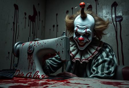 , Terrifying atmosphere, bloodstains, in a room, a clown is using a sewing machine to sew a head. Black eyes and a strange smile.