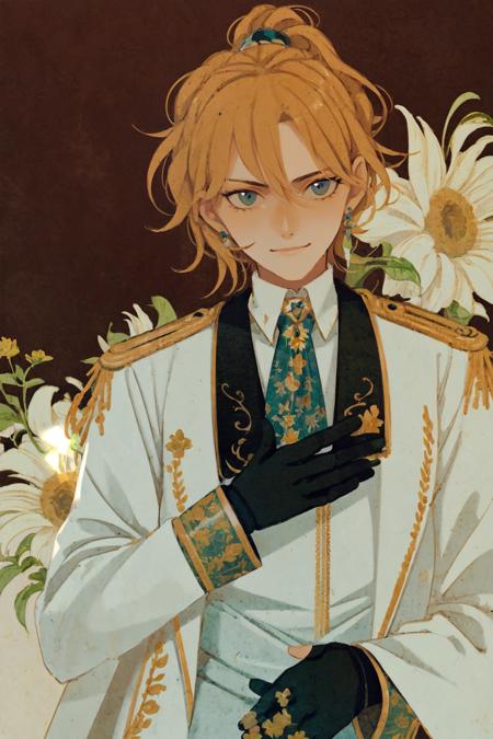 masterpiece, best quality, extremely detailed, detailed background, detailed face, parted bangs, 1boy, male focus, blonde hair, jewelry, gloves, solo, flower, brooch, white gloves, jacket, ascot, upper body, white ascot, smile, blue eyes, looking at viewer, low ponytail, earrings, epaulettes, long sleeves, curtained hair, orange flower, floral background, shirt, cape, closed mouth, white jacket, yellow flower, vest, hand up, gem, hand on own chest, white shirt, formal, sunflower