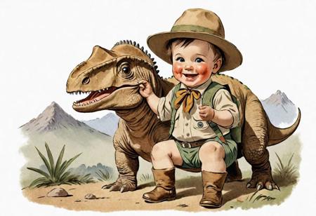 ASCII illustration, 1860 portrait of a toddler scout feeding a striceratops, smiling, waving,  kodachrome, peacfull,  dusty shirt  , thick skin, scale, hat, mountain, animal hide, fur,